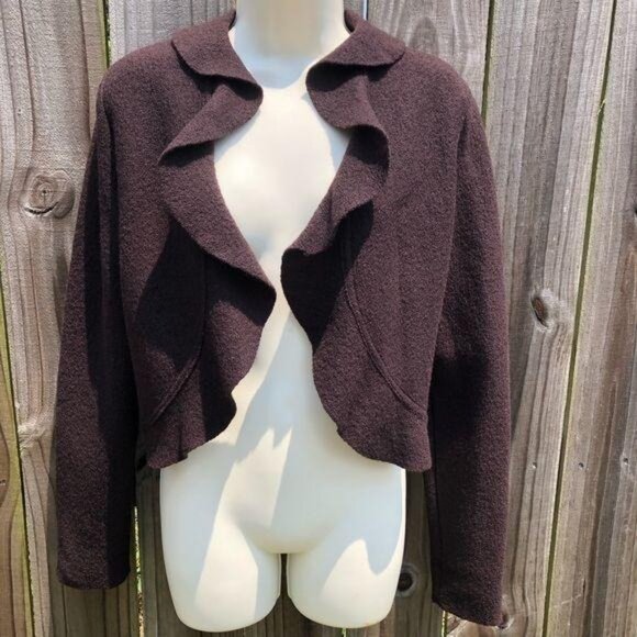 Eva Tralala Paris Wool Cardigan 2 Coat Jacket Ruffle Brown Long Sleeve Top Crop - Picture 2 of 8